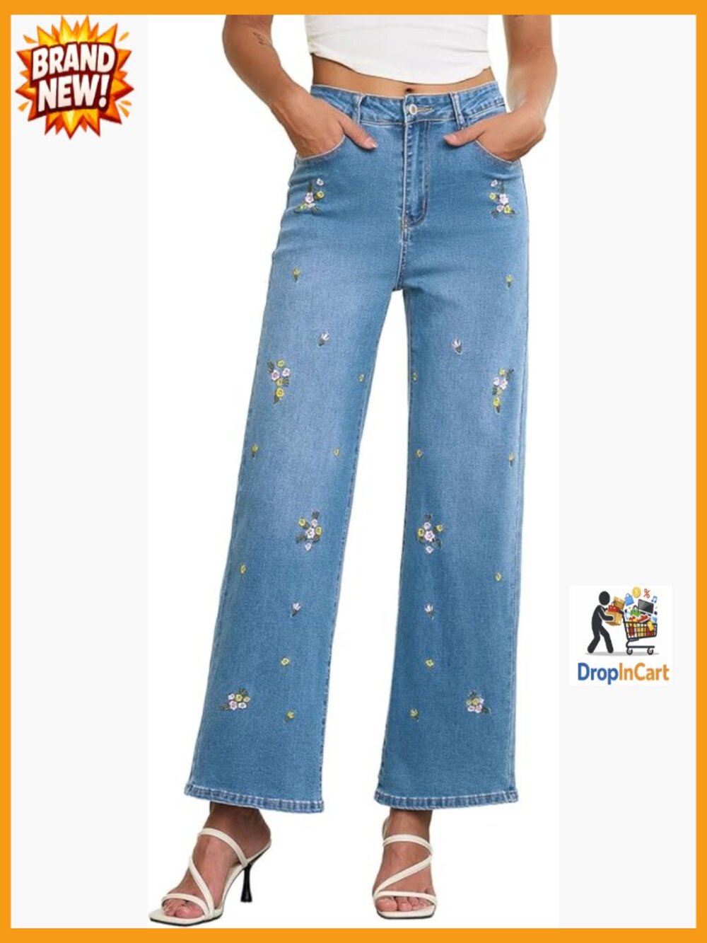 High Waisted Wide Leg Embroidered Jeans Stretchy Denim Straight Leg Pants